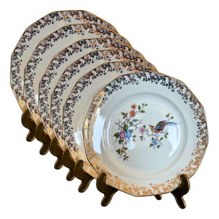 Hand-Decorated Porcelain Dessert Plates with Bird and Floral Motif and Gilt Trim from Limoges, 1930, Set of 6 For Sale