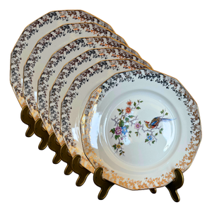 Hand-Decorated Porcelain Dessert Plates with Bird and Floral Motif and Gilt Trim from Limoges, 1930, Set of 6