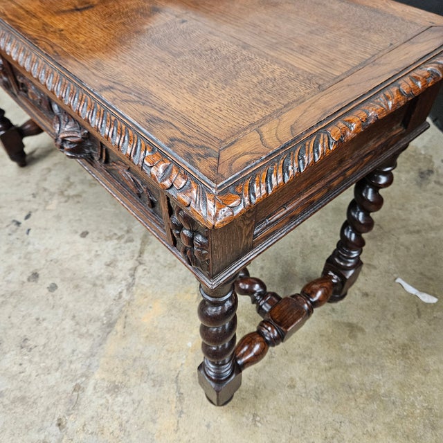 19th Century Carved Oak Barley Twist 2 Drawer Side Table For Sale - Image 4 of 14