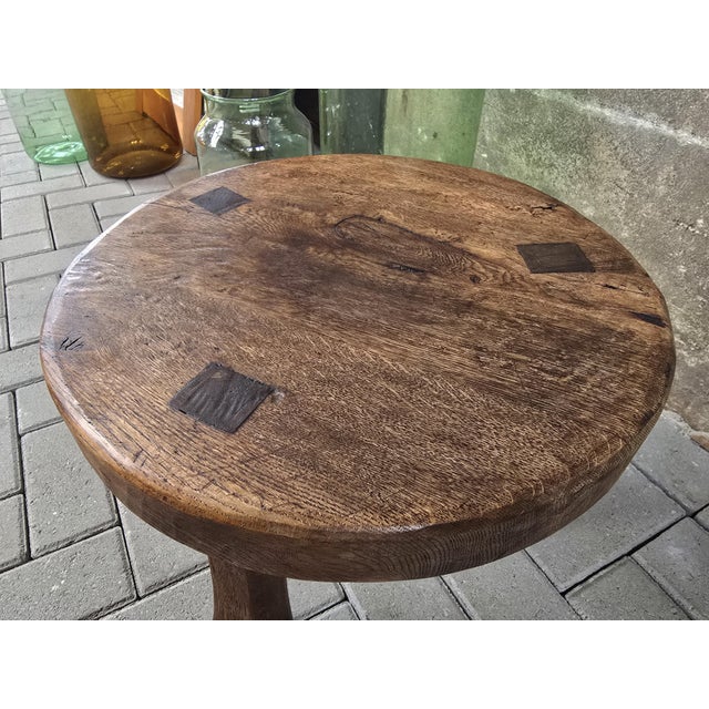 Brown Small Brutalist Round Oak Coffee Table, 1970s For Sale - Image 8 of 10