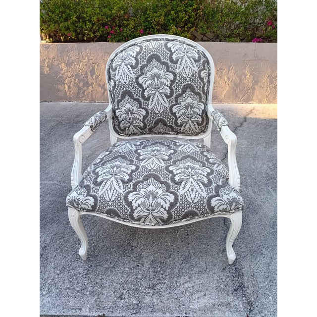 1970s Vintage French Style Armchair Wood Frame Damask Upholstery For Sale - Image 5 of 5