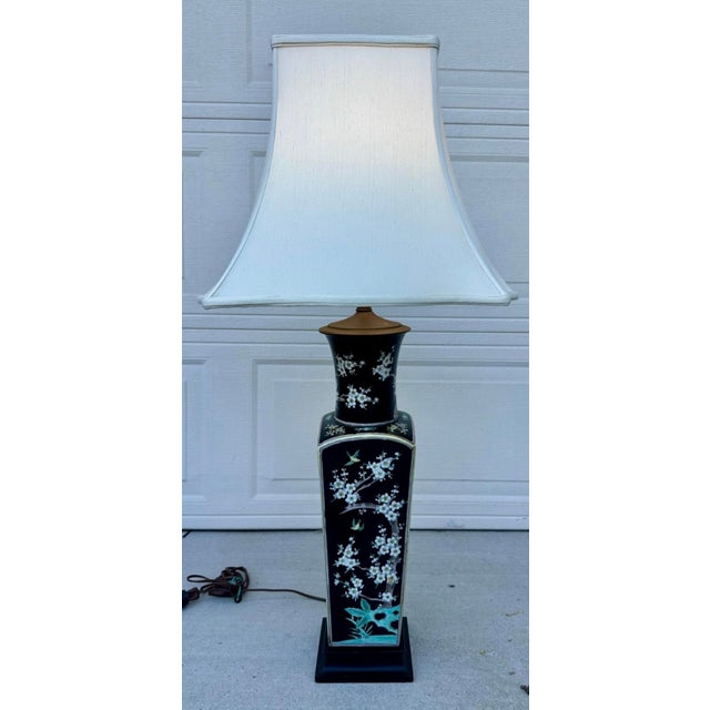 Antique Chinese Famille Noire Square Porcelain Vase Table Lamp 36" Description: This striking antique Chinese porcelain...