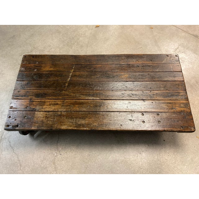 Wood Industrial Cast Iron & Hardwood Factory Cart Coffee Table From Fairbanks For Sale - Image 7 of 13