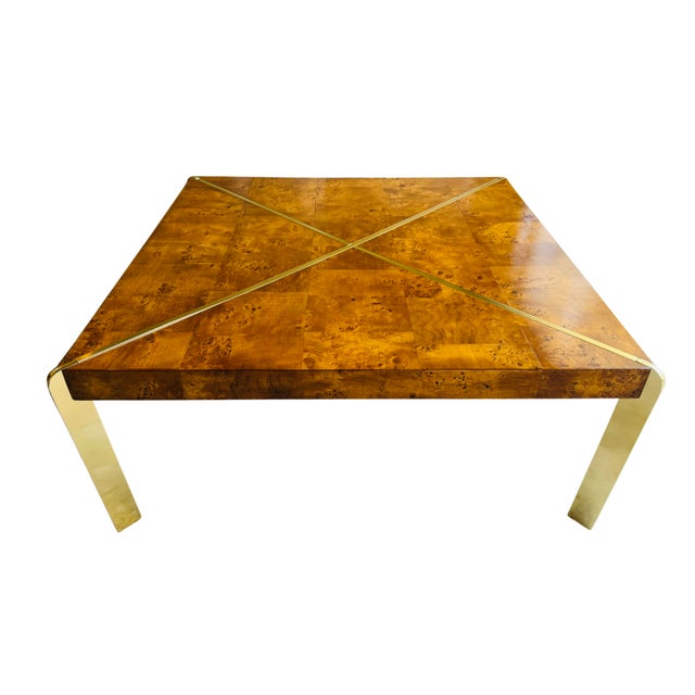 Vintage 1970s Burl Wood & Brass Coffee Table | Hollywood Regency Milo Baughman Style | Parquet Burl Cocktail Table For Sale - Image 16 of 16
