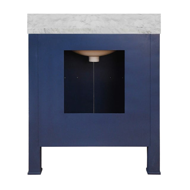 Matthew Izzo Home Blanche Textured Navy Linen Single Porcelain Sink Bath Vanity With Carrara Marble Top and Backsplash and Brass Hardware For Sale In New York - Image 6 of 10