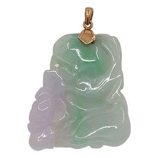 Carved Lavender & Green Jade 18k Pendant For Sale