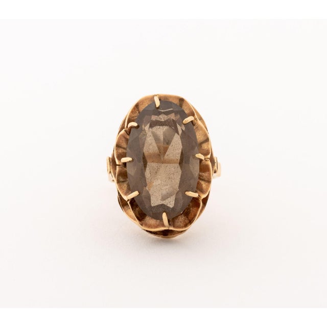 Yellow Gold and Smokey Quartz Solitaire Ring For Sale - Image 4 of 7