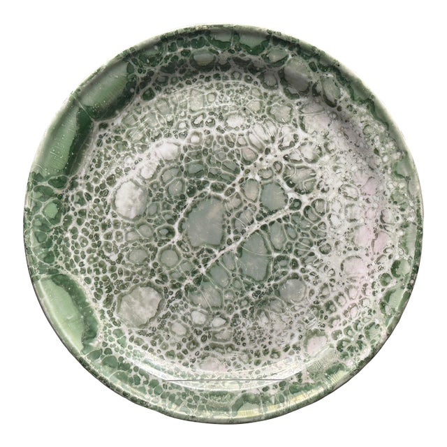 1980s Handcrafted Green Pink Ceramic Bowl With Macro Crystalline Iridescent Glaze For Sale