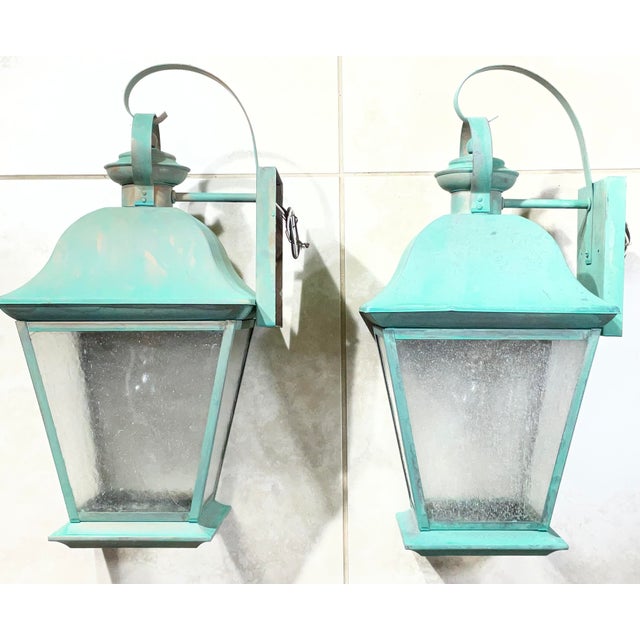 Green Pair of Vintage Solid Brass Wall Lanterns - Timeless Elegance for Your Home For Sale - Image 8 of 18