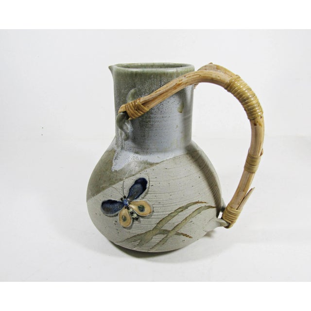 Modern 1990s Handcrafted Studio Pottery Art Rustic Modern Water Pitcher With Bamboo Handle For Sale - Image 3 of 10