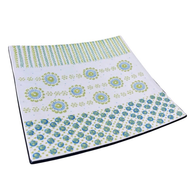 Vintage South African Hand-Painted Ceramic Square Platter – Blue & Lime Green Dot Art For Sale - Image 4 of 12