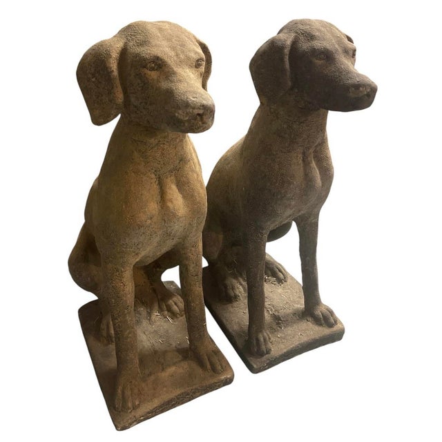 2000 - 2009 Pair of Vintage Weathered Cast Stone Seated Pointer Garden Statues For Sale - Image 5 of 12