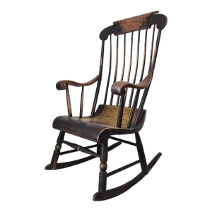 Antique American Windsor Rocking Chair With Original Black Paint and Gilt Decoration