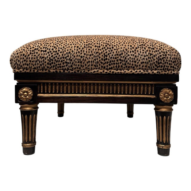 Late 20th Century Interior Crafts French Ebony Gold Gilded Leopard Chenille Footstool For Sale In Chicago - Image 6 of 11