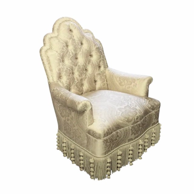 2010s 19th C Style Style Lounge Chairs Upholstered in Silk Damask W Ebanista Bullion Fringe Skirts - A Pair For Sale - Image 5 of 7