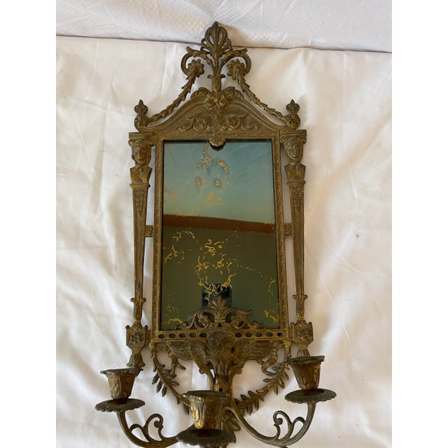Brass Vintage 1960s Brass Neoclassical Motif by Nb & Iw Gilded Rectangle Mirror Triple Arm Candelabra Sconce For Sale - Image 8 of 10