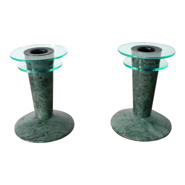 1980’s Post-Modern Memphis Style Marble & Lucite Candleholders - a Pair For Sale