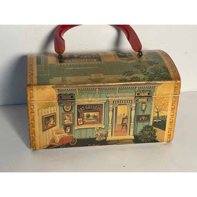 Cute vintage handmade Billie Ross of Palm Beach box bag with lucite handle. Wood box with transfer images of Art and...