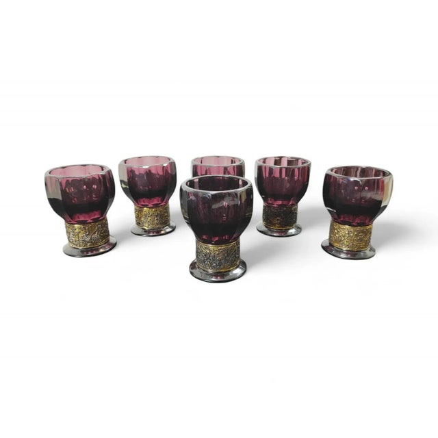 Stunning art deco glasses by walther & sons. Amethyst glass with golden cameo stripe in relief. this set is accompanied by...