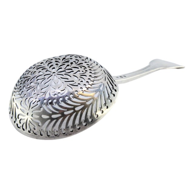 Silver Sprinkling Spoon with Asymmetrical Motifs and Crimped Handle For Sale
