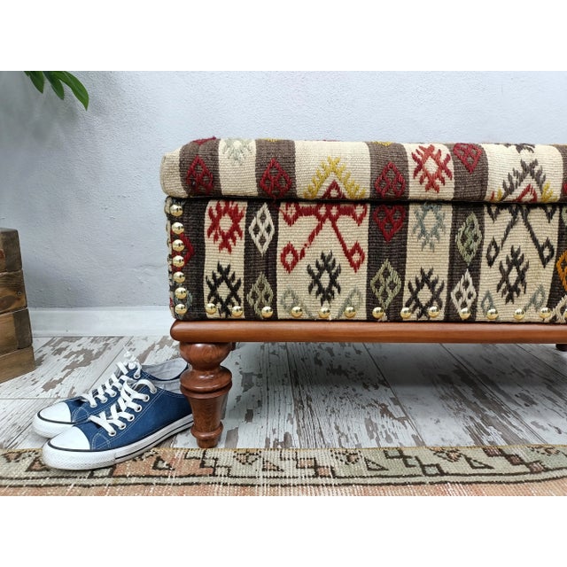 Mid-Century Modern Handmade Kilim Upholstered Padded Chest Storage Bench For Sale - Image 3 of 10