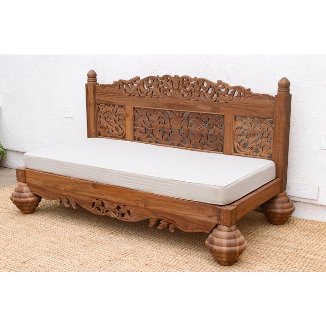 Traditional Finely Carved Royal Bali Club Daybed For Sale - Image 3 of 10