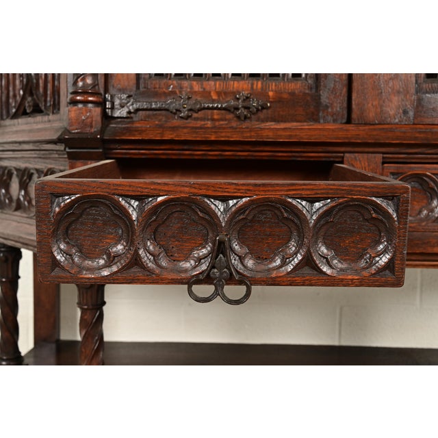 Wood Antique French Gothic Revival Oak Bar Cabinet With Carved Figures, Circa 1890s For Sale - Image 7 of 15