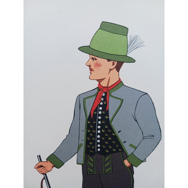 Paper Vintage Austrian Male Folk Costumes Chromolithographs Porchoir Prints Collectible 1939 - Set of 3 For Sale - Image 7 of 7