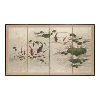 1950-1970s Chinese 4-Panel Painted Screen "Carps and Lotus" For Sale