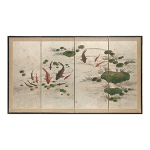1950-1970s Chinese 4-Panel Painted Screen "Carps and Lotus"