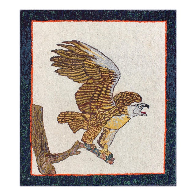 Creams and Gold, Tan Antique American Hooked Rug With a Bald Eagle on a Tree 2'7"x3'1" For Sale