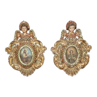 Pair Antique Carved and Gilded Wood Wall Reliquary Plaque With Angel Crests For Sale