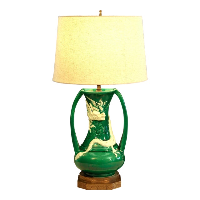 Antique Awaji Pottery Dragon Arts and Crafts Green Lamp For Sale
