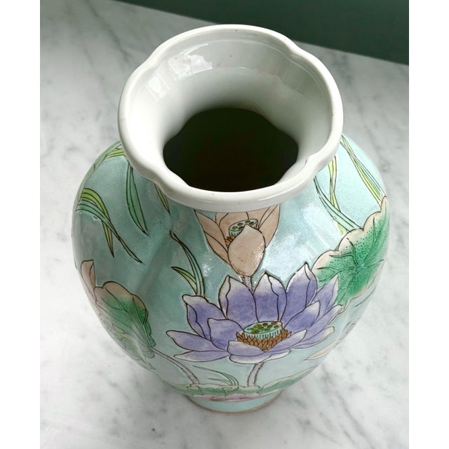 Ceramic Vintage Late 20th Century Pastel Waterlily Chinoiserie Vase For Sale - Image 7 of 10