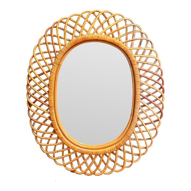 1950s Italian Wicker Oval Wall Mirror by Franco Albini For Sale
