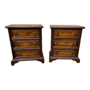 Mid 20th Century Vintage Chippendale Style Pair of Burlwood Inlaid Bedside Chests,