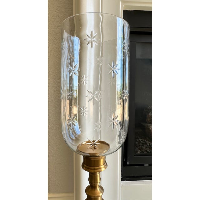 1990s Large French Brass & Glass Etched Stars Photophore Candle Holder