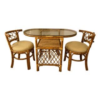 Vintage Honeymoon Coastal Bamboo & Rattan Oval Glass Dining Set With Two Chairs For Sale