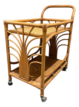 Vintage Bamboo and Rattan Bar Cart Serving Trolley