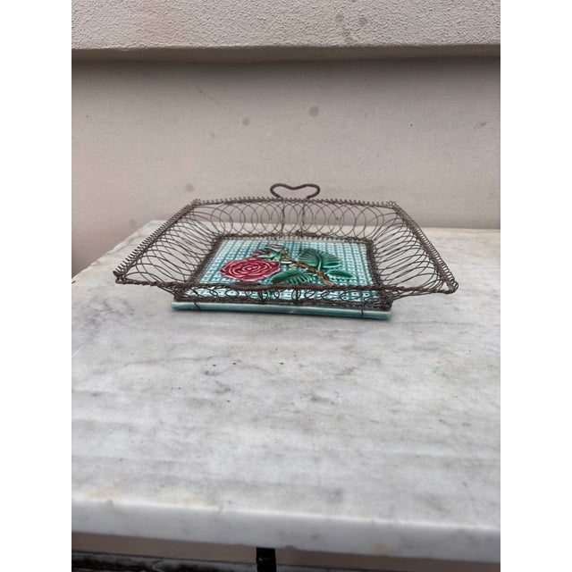 Rustic Square Majolica Wire Rose Basket Salins Circa 1890 For Sale - Image 3 of 6