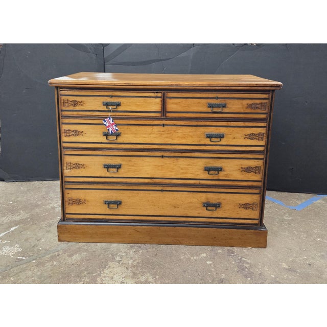 Wood Late 19th Century Satinwood Arts & Crafts 5 Drawer Chest on Plinth Base For Sale - Image 7 of 16