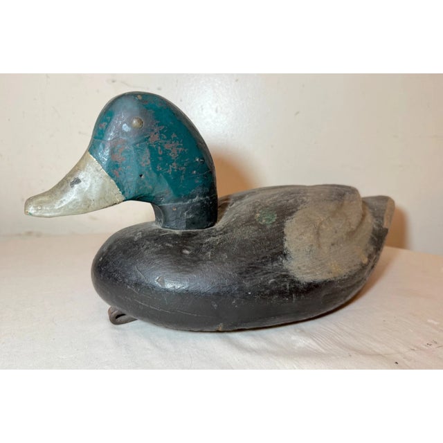 Wood Antique Hand Carved Wood Folk Art Mallard Duck Decoy Shore Bird Sculpture Black For Sale - Image 7 of 9