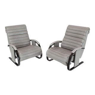 1990s Vintage Bent Wood Tank Style Leather Ribbed Upholstery Reclining Lounge Chairs- a Pair For Sale