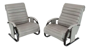 1990s Vintage Bent Wood Tank Style Leather Ribbed Upholstery Reclining Lounge Chairs- a Pair