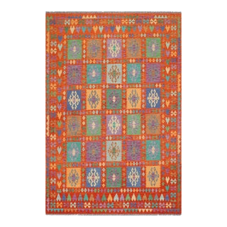 1990s 1990s Southwestern Kilim Rust Blue Wool Rug - 8'2" X 9'10" For Sale