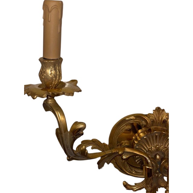 Mid 20th Century Pair of French Gilt Bronze Louis XV Style Two-Light Wall Sconces For Sale - Image 4 of 9