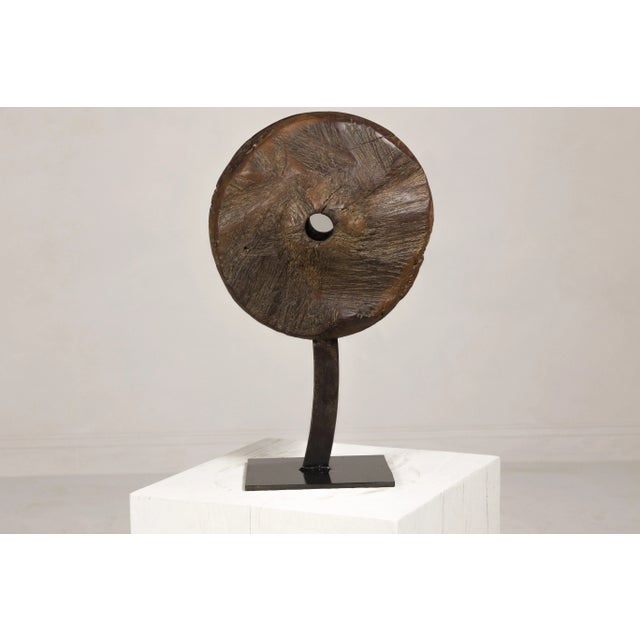 19th Century Ancient Indian Cart Wheel Mounted on Custom Black Lacquered Base For Sale In New York - Image 6 of 12