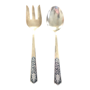 Vintage Siam Engraved Sterling Silver and Brass Serving Utensils