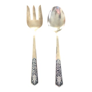 Vintage Siam Engraved Sterling Silver and Brass Serving Utensils Thailand For Sale