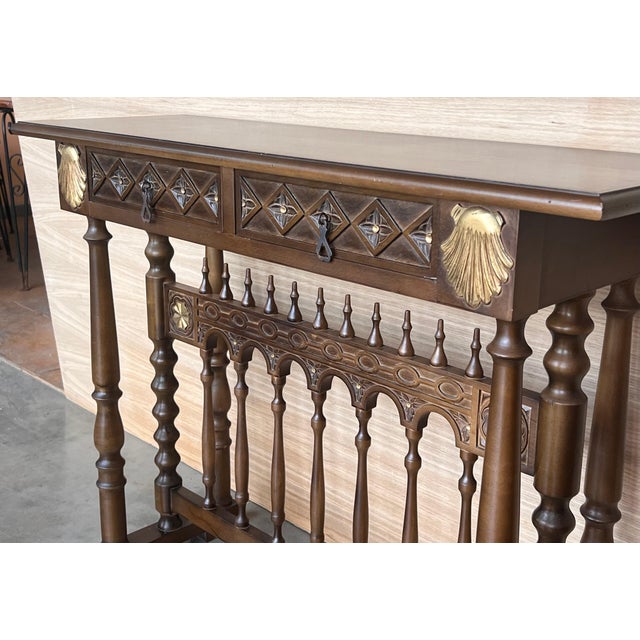 Mid 20th Century Mid 20th Century Castilian Mid-Century Console in Walnut with Two Front Drawers in Gold Leaf For Sale - Image 5 of 18